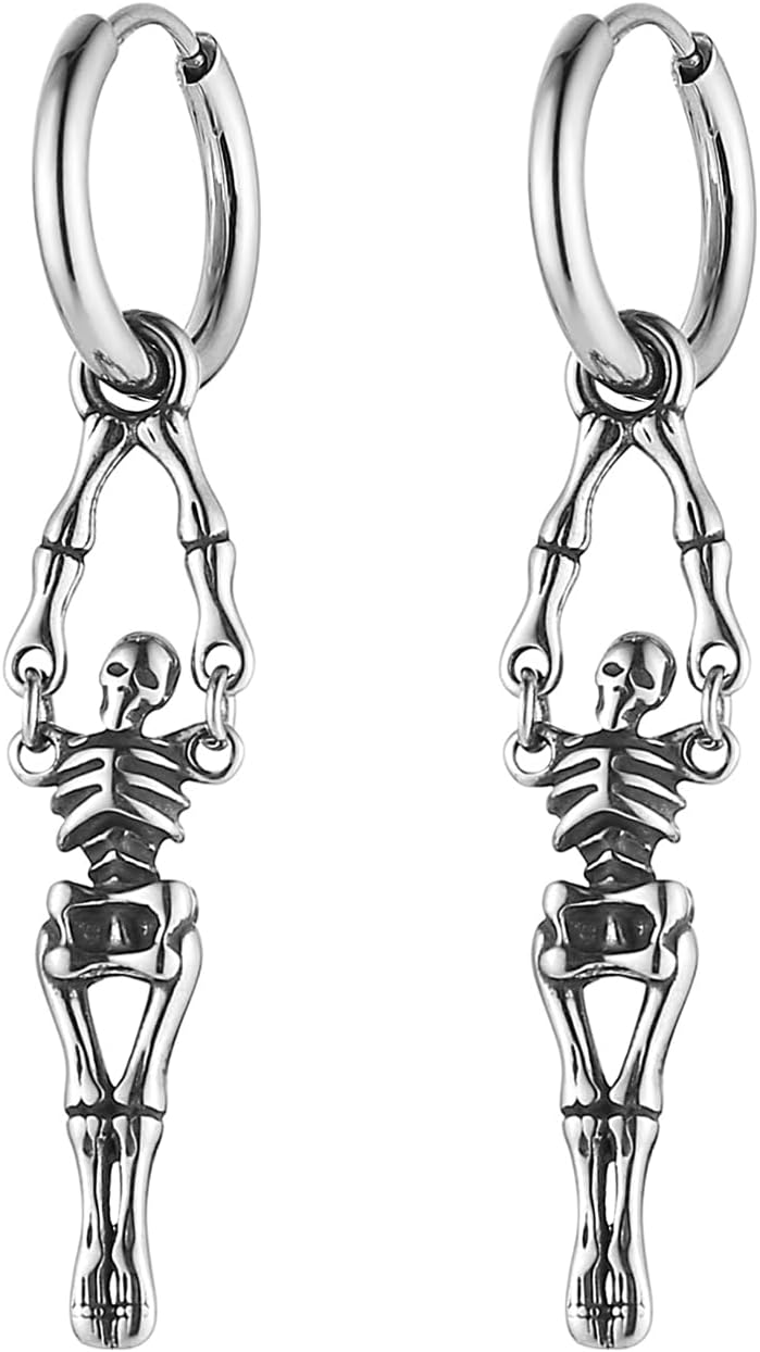 HZMAN Skull Dangle Drop Earring for Men Stainless Steel Gothic Skeleton Hinged Hoop Earring Halloween Jewelry Gift