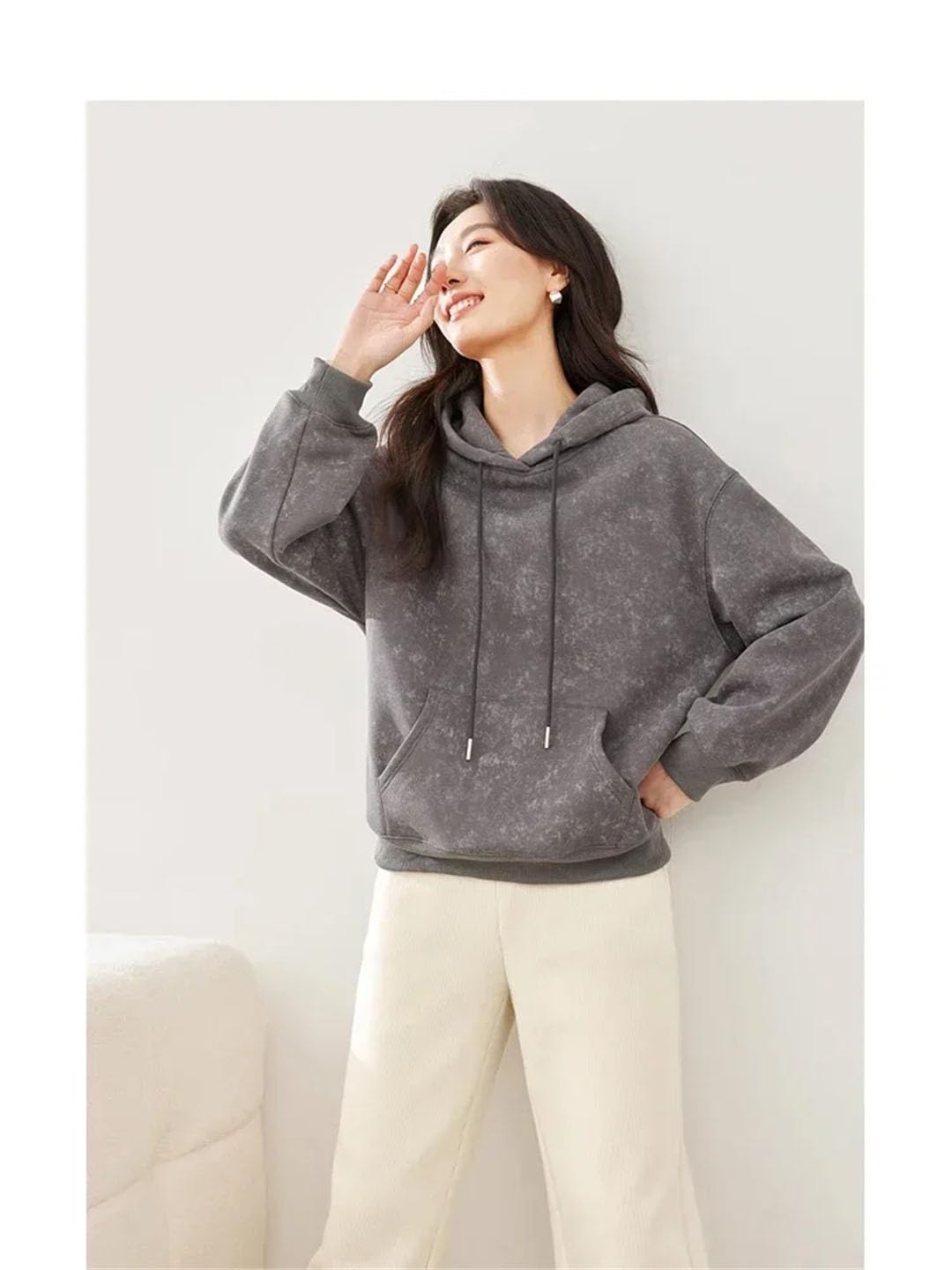 Sudadera con capucha gruesa de forro polar caqui para mujer, sudadera con capucha y letras sueltas, camiseta de manga larga para mujer