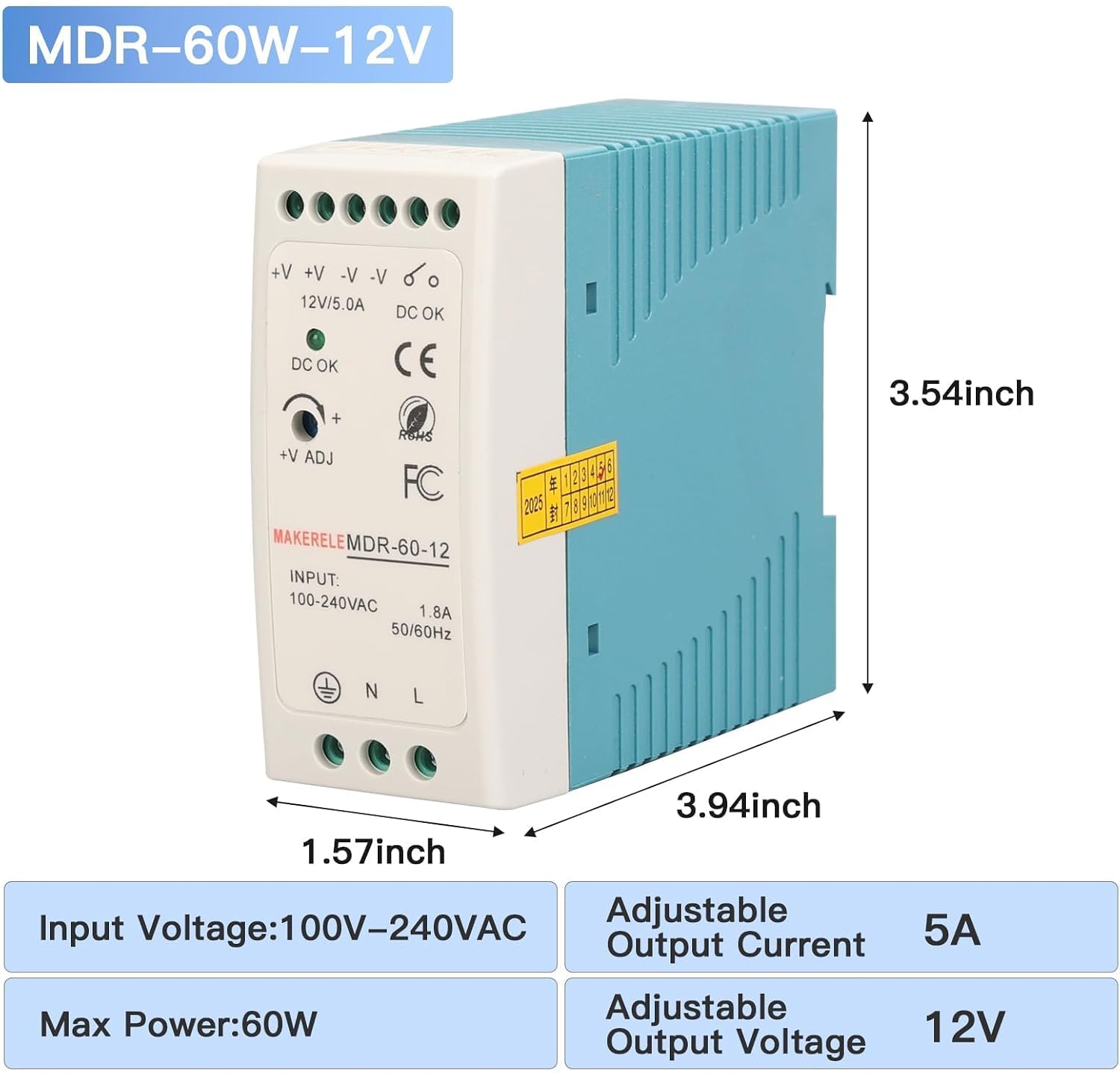 MAKERELE MDR 12V DIN Rail Power Supply 60W, Power Switching Converter AC 100V-240V to DC 12V with Overload Protection for Industrial