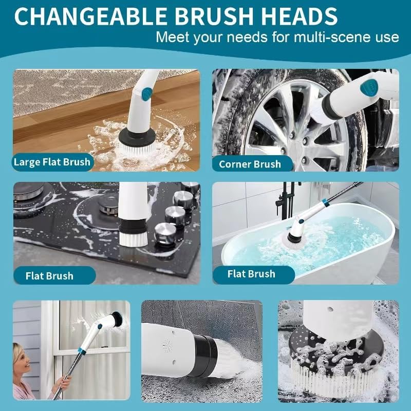 Miniatura 7 de Limpiador eléctrico giratorio, cepillo de limpieza de brazo de extensión ajustable inalámbrico de 1200 RPM con pantalla inteligente, 8 cabezales de