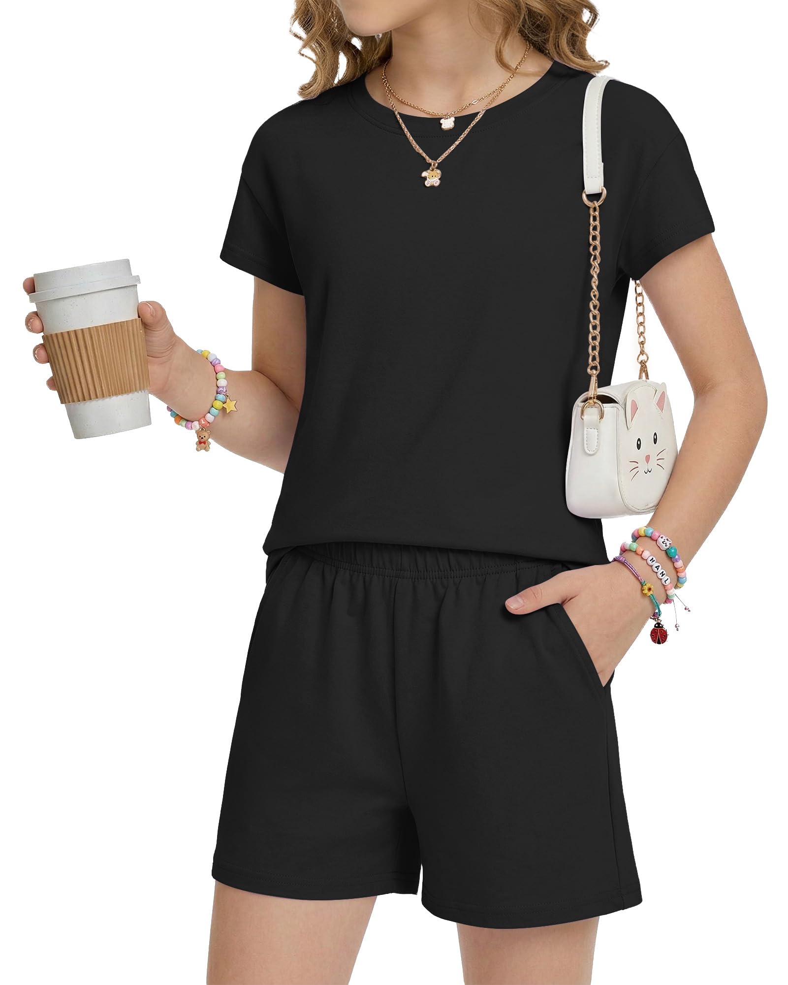 Girls Summer 2 Piece Outfits Casual Kids Daily Shorts Sets 2026 New | Short sleeve t shirt, crewneck top, elastic waist, side pockets, soft fabric, versatile girls shorts sets, summer daily wear