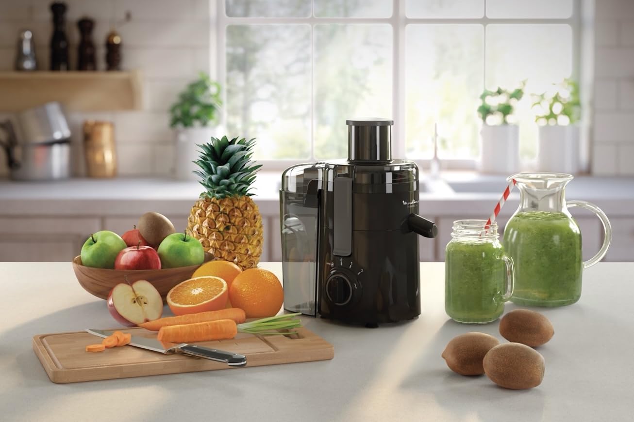Moulinex Frutelia JU370810 - Licuadora 350 W, gran diámetro de apertura, diseño compacto, 2 velocidades, filtro de acero inoxidable, depósito de 950 ml, piezas extraíbles aptas para lavavajillas
