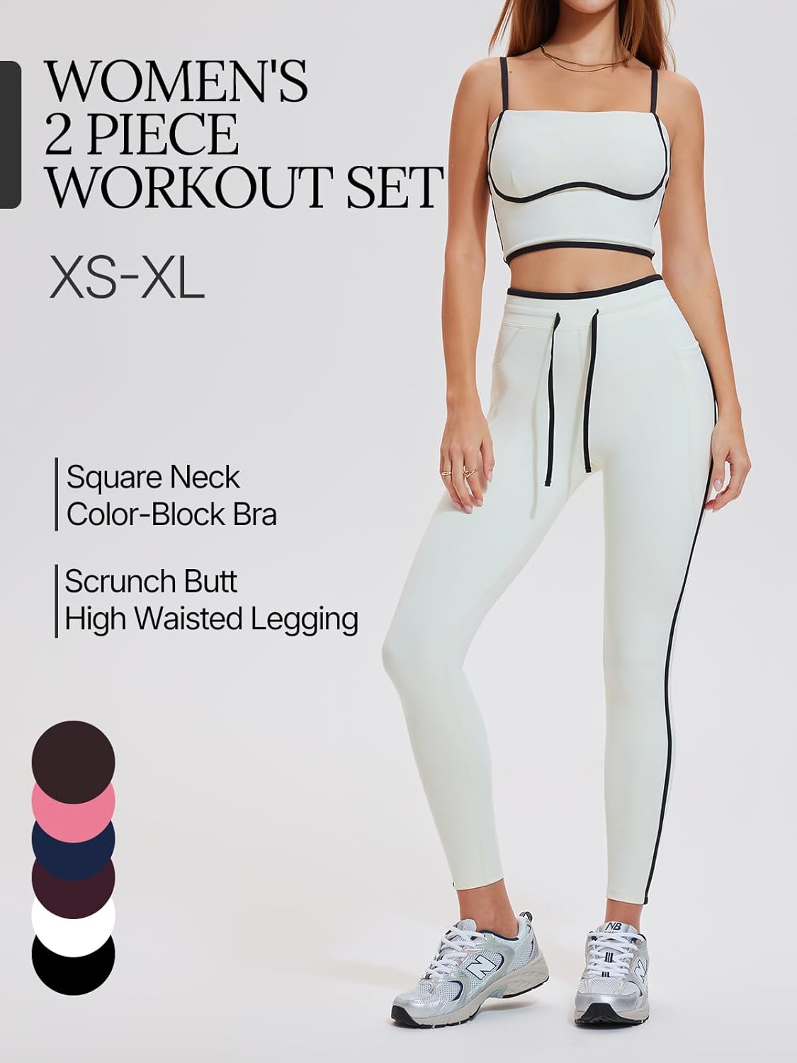 Women's 2 Piece Workout Set with Pockets Square Neck High Waist Leggings for Gym Tennis Golf Yoga Running Pilates Outfits