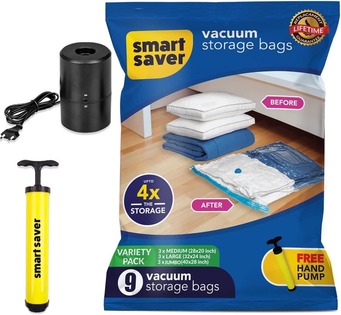 Smart Saver Polyamide Polyethylene Vacuum Compression Bags|Vacuum Storage Bags|Vacuum Bags For Travel|Space Saver Vacuum Bags(9Pack-3X(Jumbo,Large,Medium)+ Electric Handpump),White