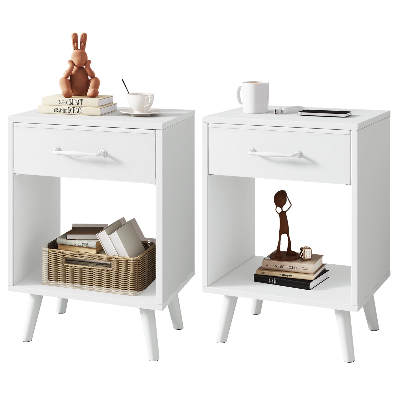 YMYNY Lot de 2 Tables de Chevet, Table d'Appoint, Commode de Chevet, Tiroir en Tissu avec Poignée, Étagère Ouverte, Pieds en Bois Massif, Style Industriel Rétro, pour Chambre, Salon, Blanc HST020W-2