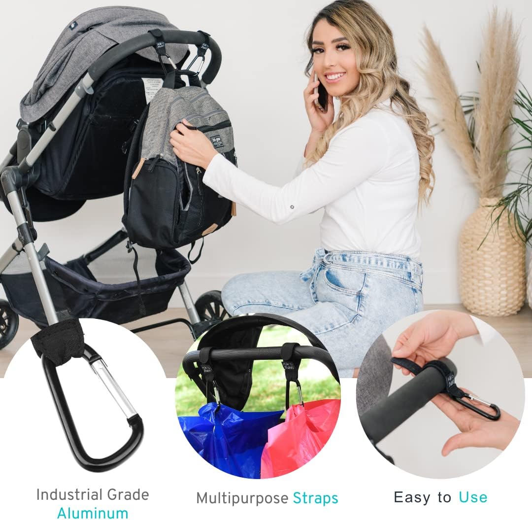 Kiki Babies Stroller Hooks Set of 2 – Stroller Clips for Diaper Bag with Included Baby Wipes Dispenser and Travel Bag – Durable Design with Metal Carabiner – Ideal for Purse, Stroller Organizer