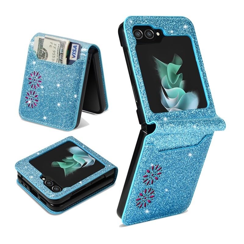 Housse Galaxy Z Flip 7 bleu à paillettes : étui portefeuille chic pour vos sorties