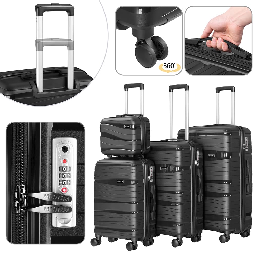 Set 4 Valigie Rigide con Beauty Case in Polipropilene Ultra Resistente agli Urti, Trolley Manico Telescopico e Ruote Easy Roll, Serratura Codice Rinforzata e Design Moderno (Black)