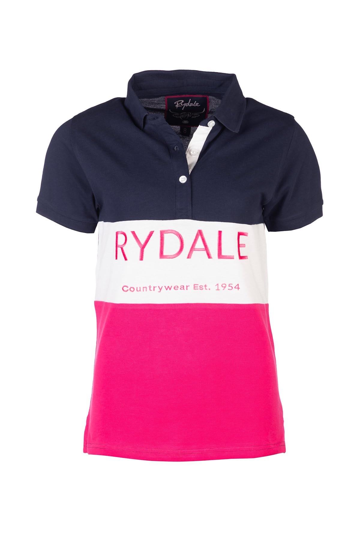 Ladies Polo Shirt Summer Top Women's Embroidered Panel Country Polos (UK, Numeric, 12, Regular, Regular, Rydale Navy/White/Bonbon)