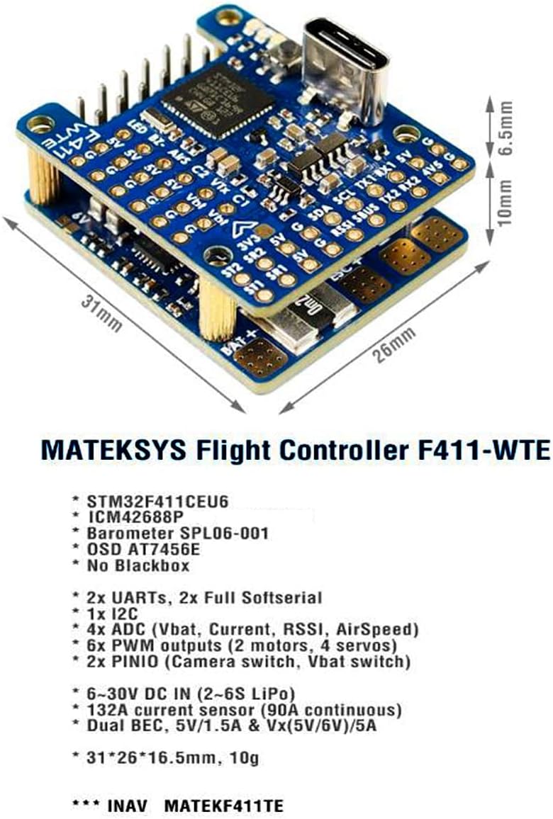 Matek F411-WTE Flight Controller with dimensions