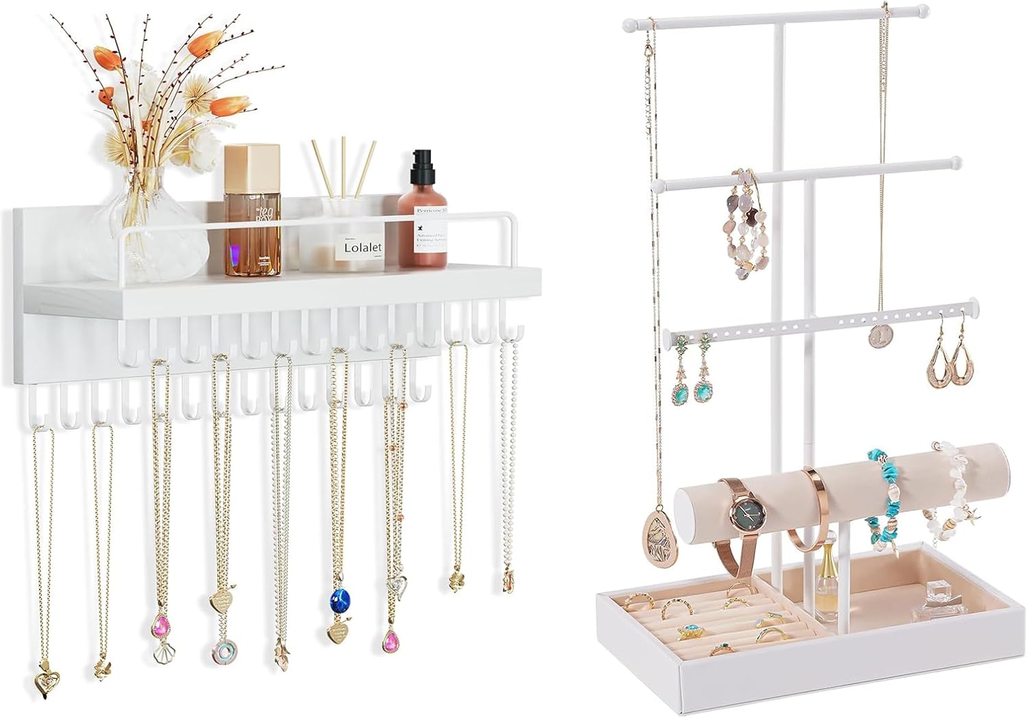 Lolalet Hanging Necklace Holder Bundle with Jewelry Holder Tree with Velvet Tray