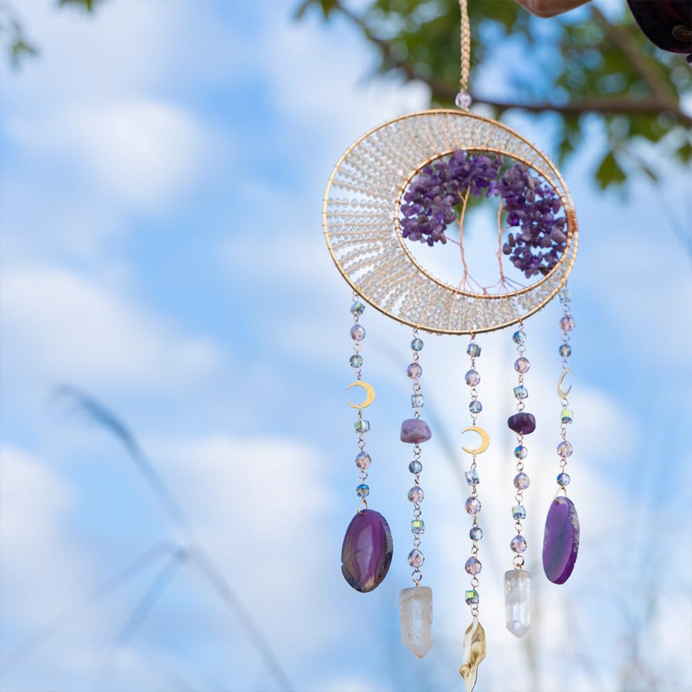 Kryształowa ozdoba odbijająca światło, Ametystowe kryształowe drzewo życia Suncatcher z zawieszkami w kształcie półksiężyca 49x16cm