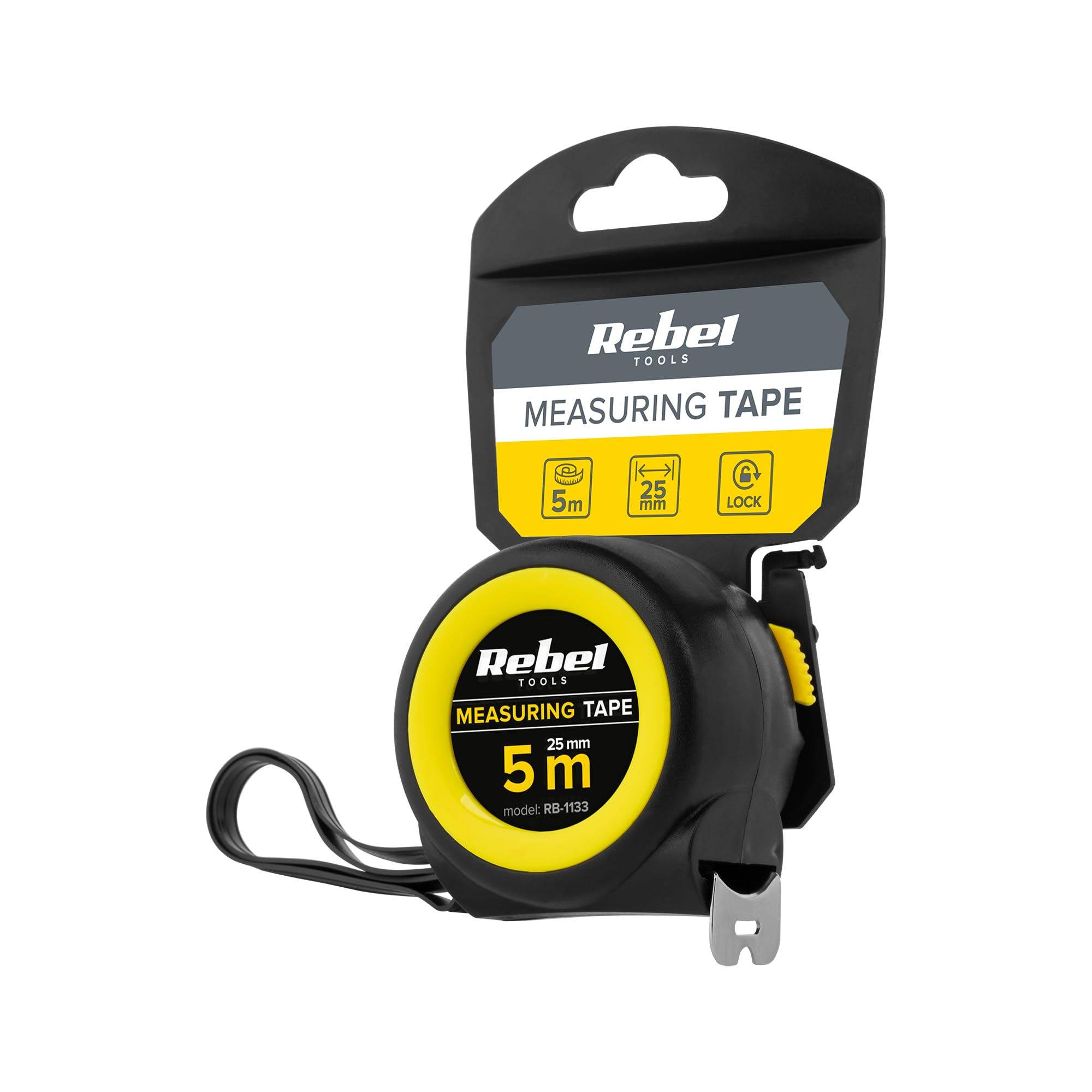 Mètre ruban professionnel robuste avec système enrouleur de 5 m, largeur 25 mm, Rebel RB-1133 (Lot de 6)
