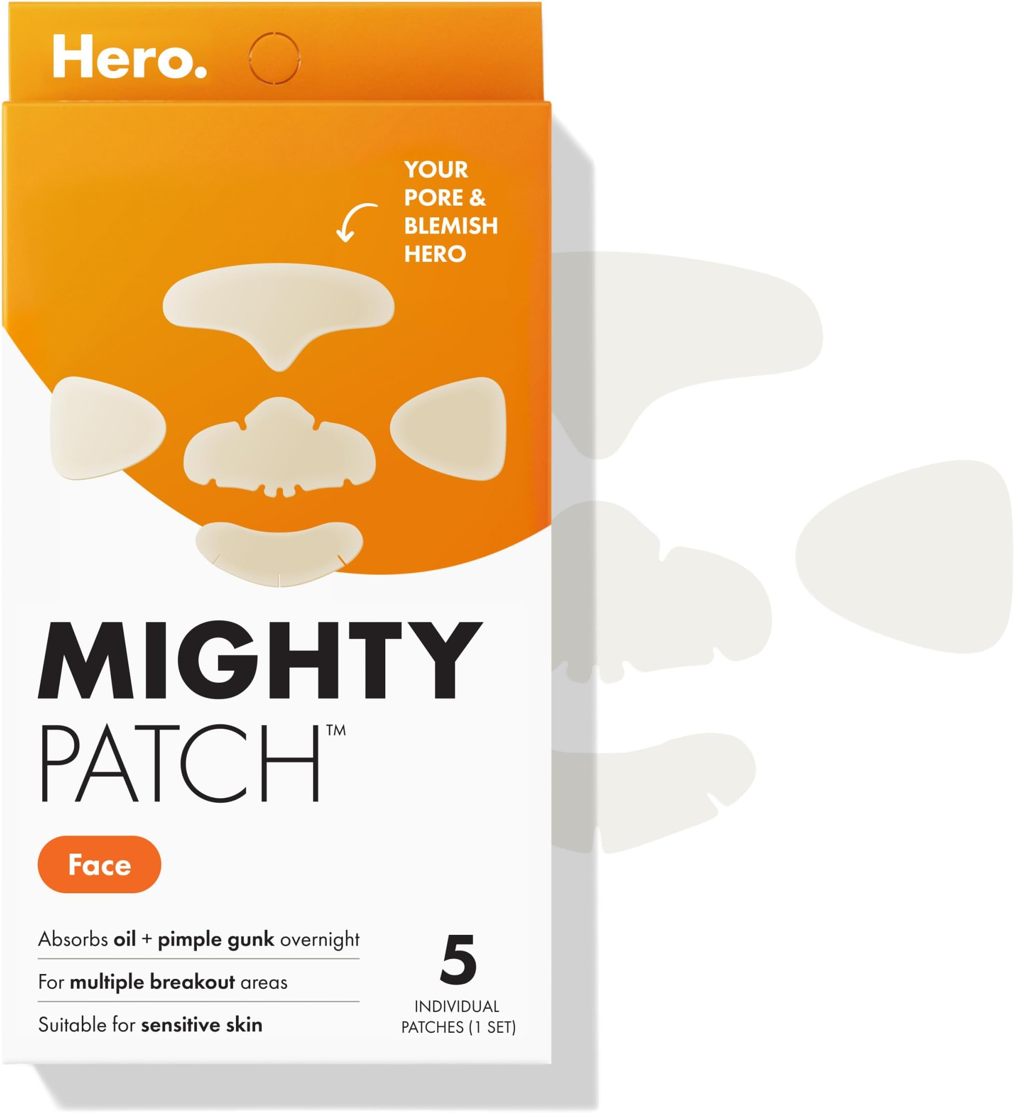 Mighty Patch Face from Hero Cosmetics - XL Hydrocolloid Face Mask for Acne, 5 Large Pimple Patches for Zit Breakouts on Nose, Chin, Forehead & Cheeks - Vegan-Friendly, Not Tested on Animals (1 Count)