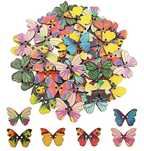 Butterfly Buttons 100 Pieces Mixed Colours 2 Holes Butterfly Wooden Buttons for Craft, Wood Craft Clothes Buttons, Decorative Craft Buttons for DIY Sewing(1 Inch)