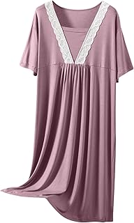 Womens Nightgown Short Sleeve V Neck Sleep Shirts Soft Sleepdress Loose Front Pleated Nightshirts Plus Size Sleepwear