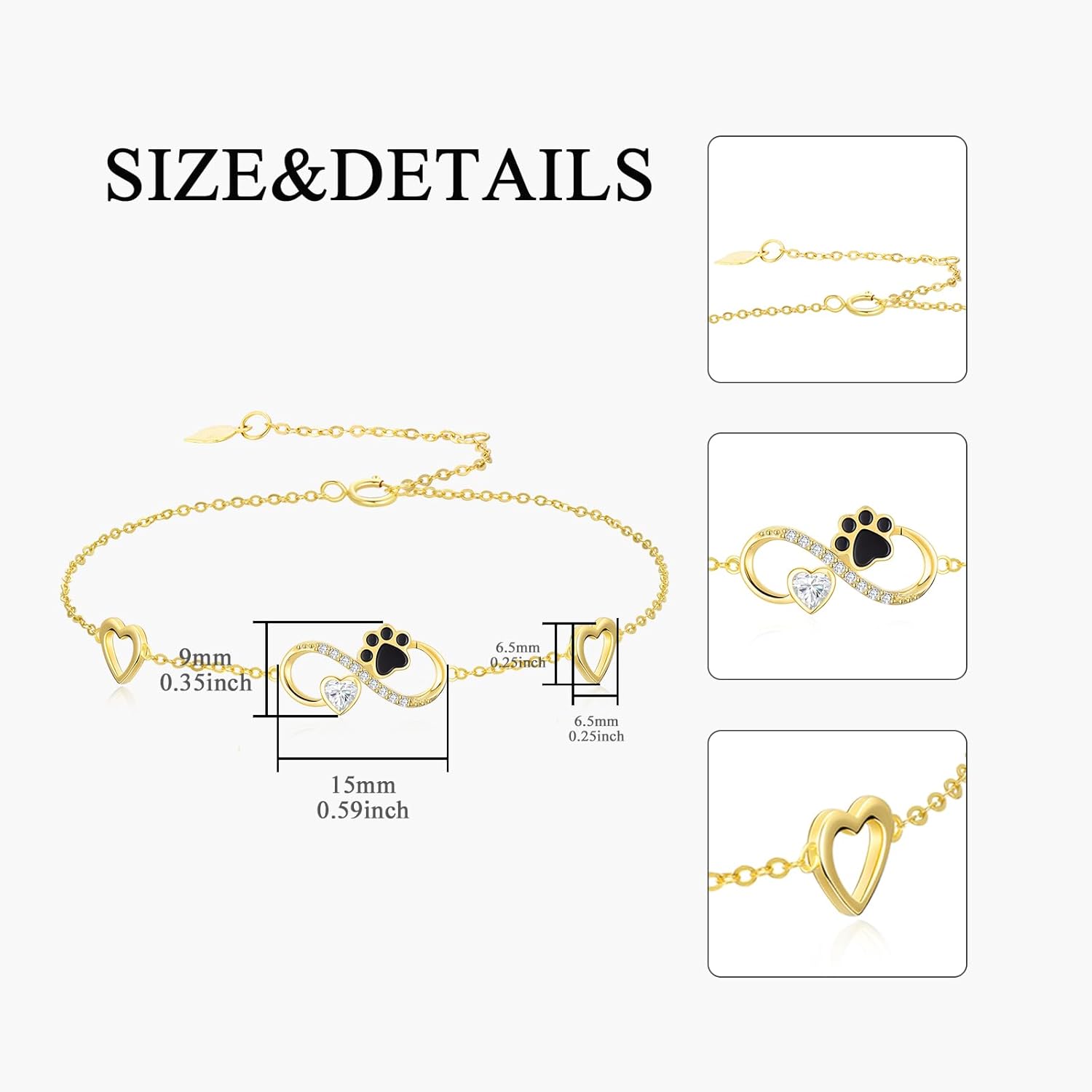 SISGEM 14K Real Gold Infinity Hearts Bracelet for Women,Yellow Gold Heart-Cut Moissanite Cat/Dog Paw Print Dangle Bracelets Christmas Birthday Gifts Jewelry for Her,Wife Mom - Image 7
