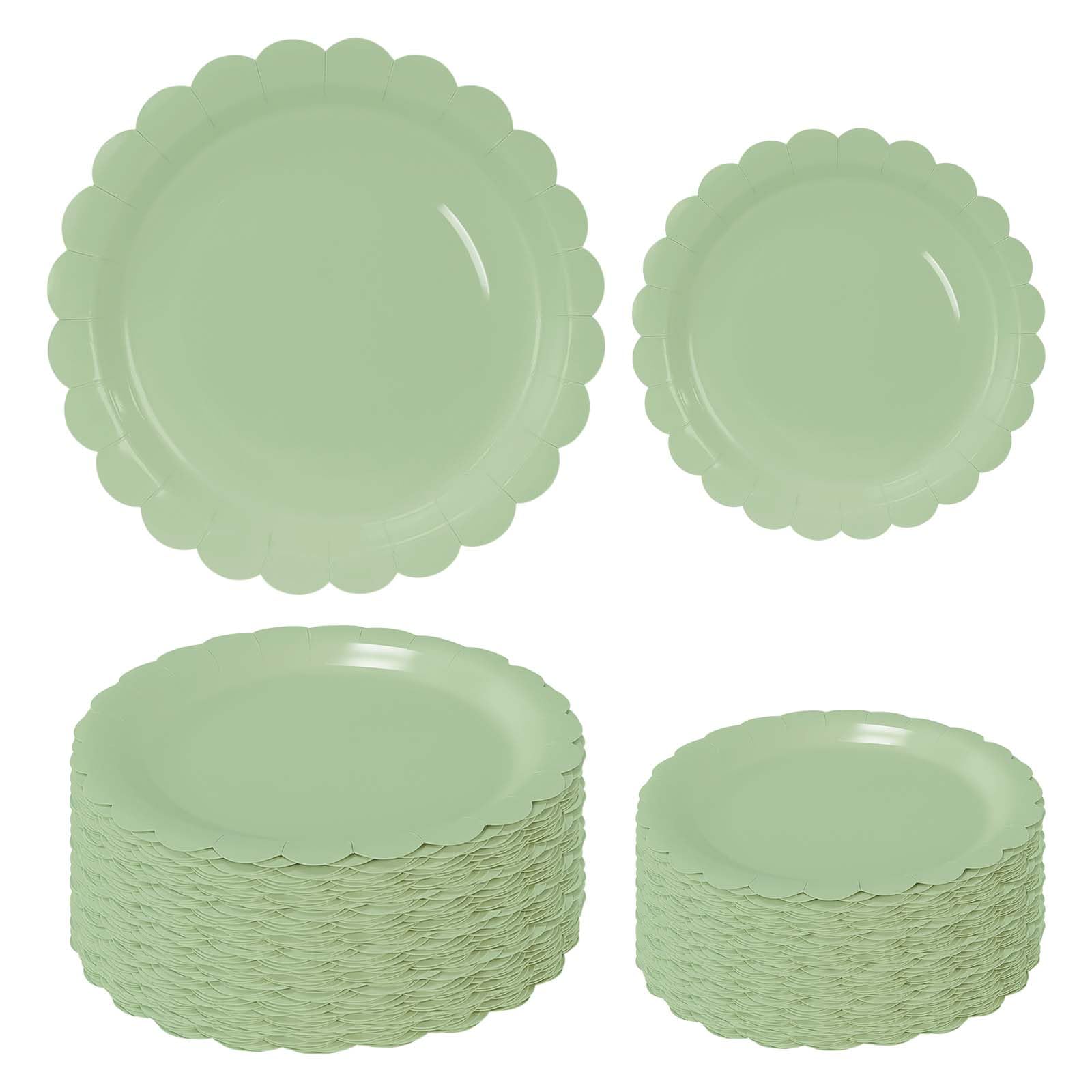 FALIZIFU 50 Pcs Sage Green Scalloped Paper Plates 25 × 7'' and 25 × 9'' Disposable Sage Scalloped Dinner Plates for Wedding Baby Shower Birthday Party