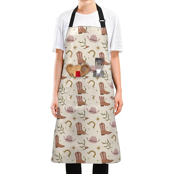 FRODOTGV Western Boots Boho Scotland Waterproof Bib Apron with 2 Pockets for Women Mens Washable Baking Cooking Apron Oil Resistant for Restaurant Work BBQ, Western Boots Boho Scotland, 1 size