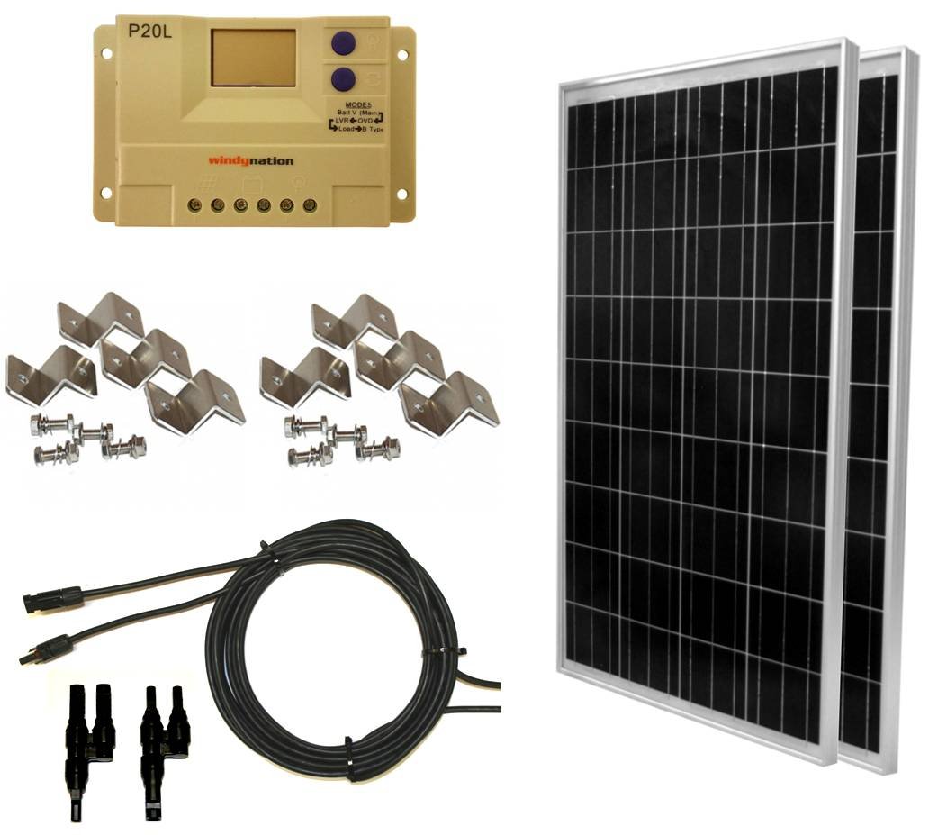 WindyNation 200 Watt (2pcs 100 Watt) Solar Panel Complete Off-Grid RV Boat Kit with LCD PWM Charge Controller + Solar Cabl...