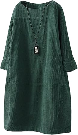 Minibee Womens Oversize Tunic Dress Corduroy Long Sleeve Tops with Pockets