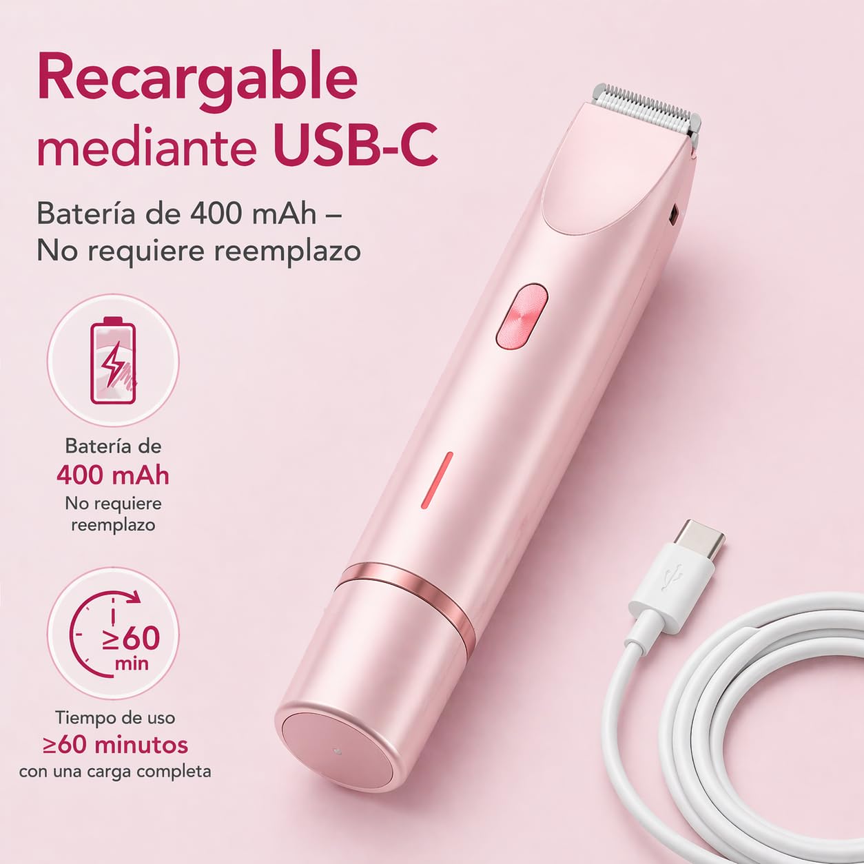 Sanuvia Depiladora Intima 2 En 1, Recargable Con Doble Cabezal, Uso Seco Y HúMedo, Ideal Para Piernas, Axilas Y Zona íNtima (Rosa)
