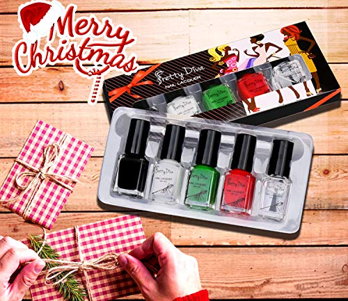 PrettyDiva Nail Stamping Polish - 4 Bottles Nail Art Lacquer Polish Green Red Black White Nail Plate Polish Varnish and Free Fast Drying Top Coat for Manicure Printing - Thumbnail 7