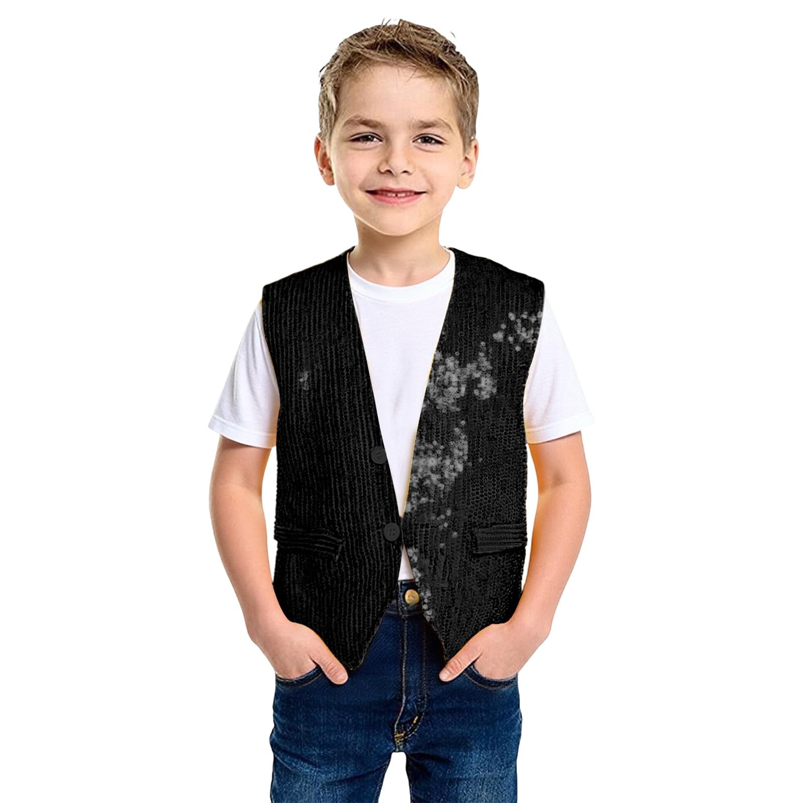 Unisex Sequin Vest Waistcoat Dance Party Show Costume Boys Girls UK Jacket Top Kids Shiny Sequin Dance Vest Jazz Hip Hop Ballet Dance Performance Costume for Party Fancy Dress Up Hip Hop Jazz — image 1