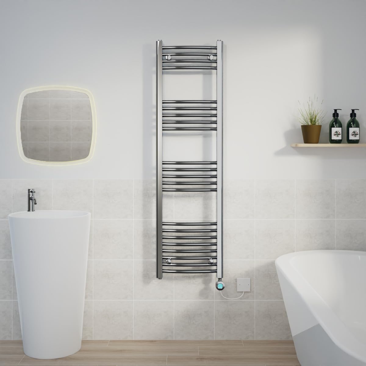 Warmehaus Electric Heated Towel Rail Curved Chrome Thermostatic Bathroom Towel Radiator with Timer - 1400x400mm — image 1