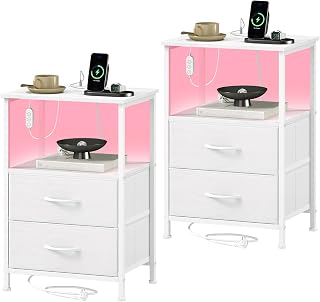 Somdot Nachttisch Schlafzimmer, Steckdose, 2 Schubladen, 2er-Set, Weiß