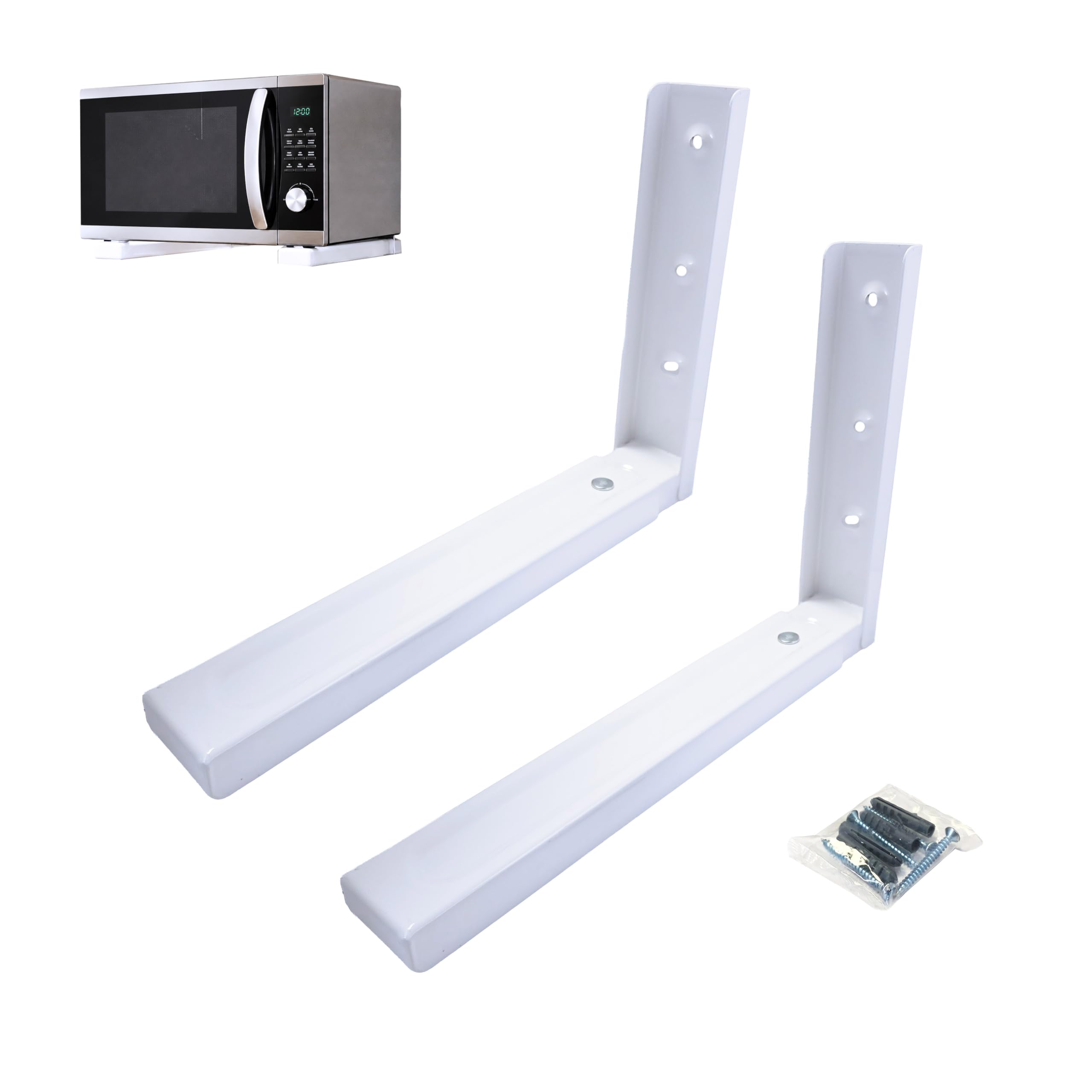 Juego 2 Soportes Microondas Pared Blanco Extensibles 300–370 mm – Acero, Plegables, 35 kg – Soporte Universal Horno Microondas con Tornillos y Tacos