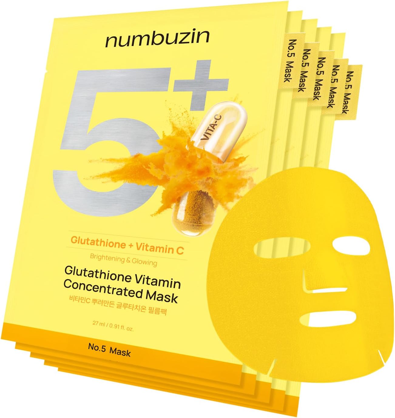 numbuzin No.5 Sheet Mask | Vitamin Spotlight Sheet Mask | Glutathione and Vitamin C | Reduces Hyperpigmentation, Improves Skin Complexion | Gentle and non-irritating | 5 sheet