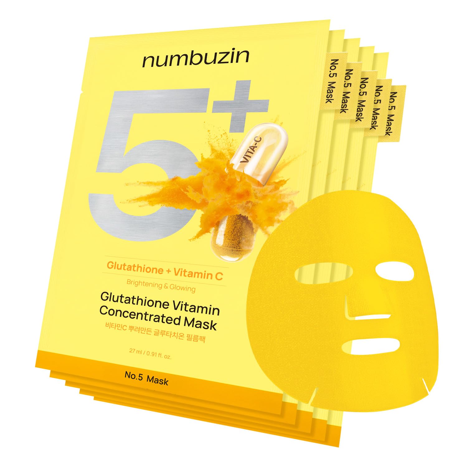 numbuzin No.5 Sheet Mask | Vitamin Spotlight Sheet Mask | Glutathione and Vitamin C | Reduces Hyperpigmentation, Improves Skin Complexion | Gentle and non-irritating | 5 sheet