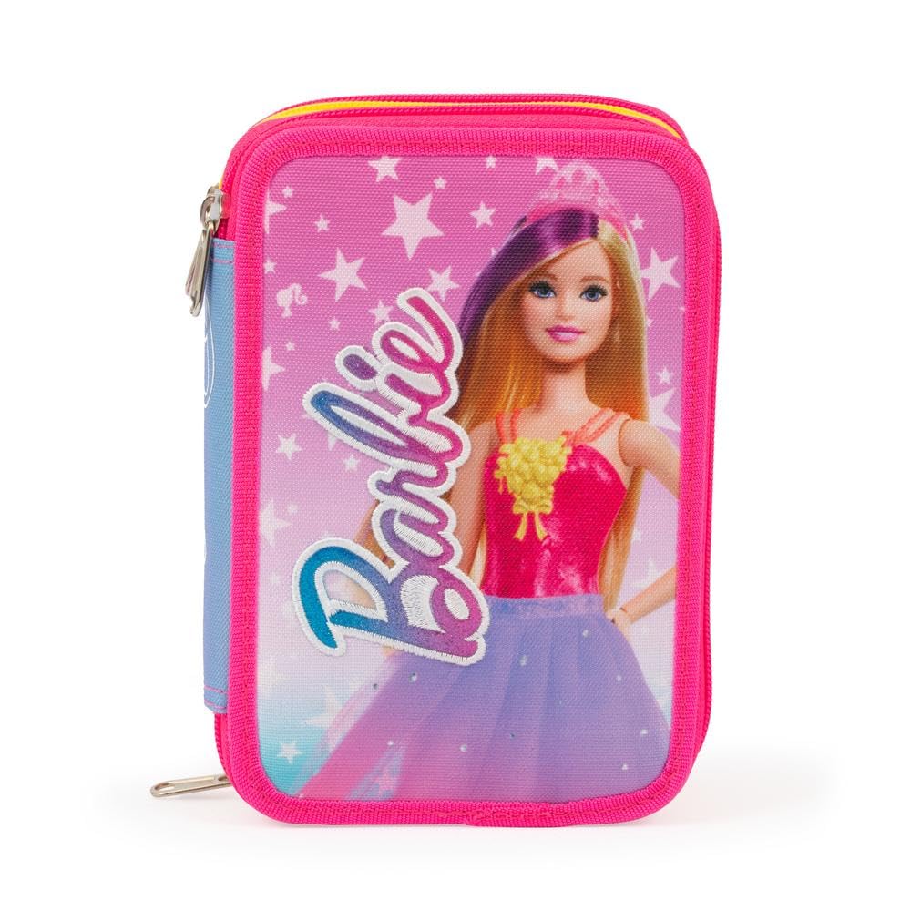 Giochi Preziosi Barbie – Estuche Triple Barbie con 3 Cremalleras y 3 Compartimentos, Completo de lápiz, bolígrafos, rotuladores, Ceras, Goma, Tijeras, Regla y sacapuntas, Multicolor, Barbie