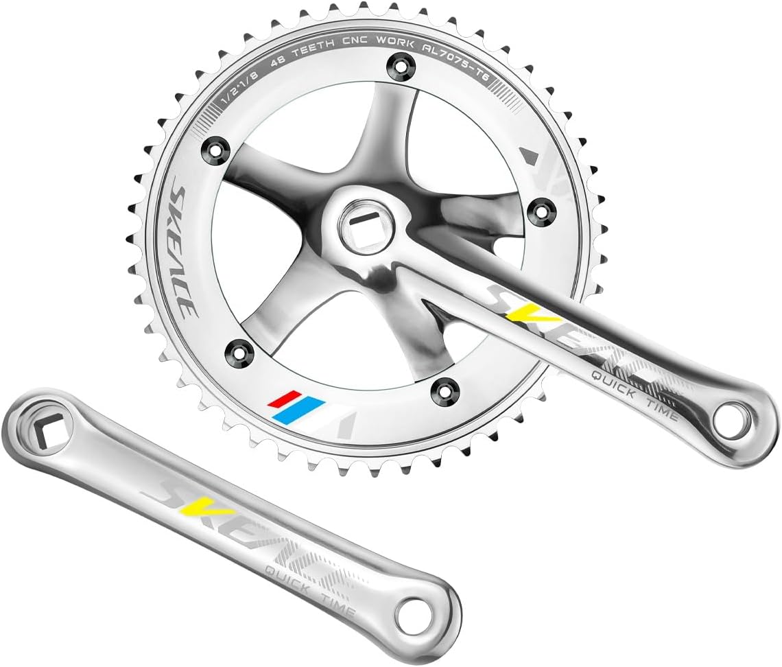 144 BCD Aluminum Alloy Crank Arm Set 165MM Hollow Integrated One Pair Crank Arms with Chainring 48T Direct Moun Crankset for Fixed-Gear/Track Bike(Silver)