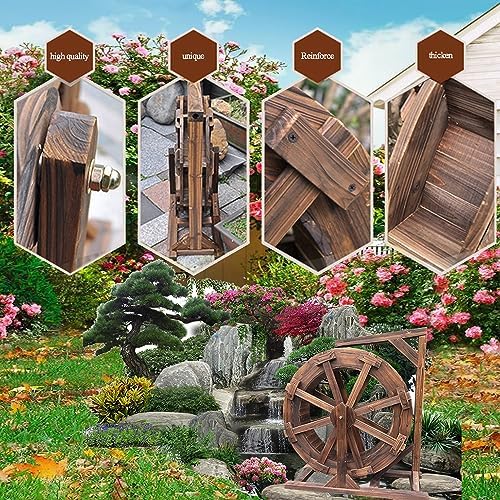 Water Wheel Fountain Outdoor Garden with Stand - Wooden Water Wheel for Patio, Pond, Pool, and Garden Decoration - Vintage Rustic Ornamental Water Feature