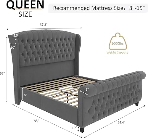 Miniatura 2 de AMERLIFE Marco de cama de plataforma tamaño Queen, cama trineo tapizada en terciopelo con cabecero y pie de cama con respaldo alado Gris,Negro