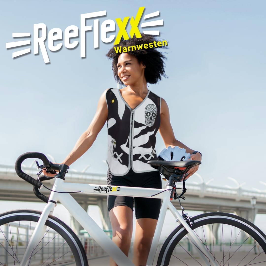 REEFLEXX Warnweste Damen Sicherheitsweste, erhöhte Sichtbarkeit im Straßenverkehr, Joggen, Fahrrad oder Auto, Black White Skull, Größe XL