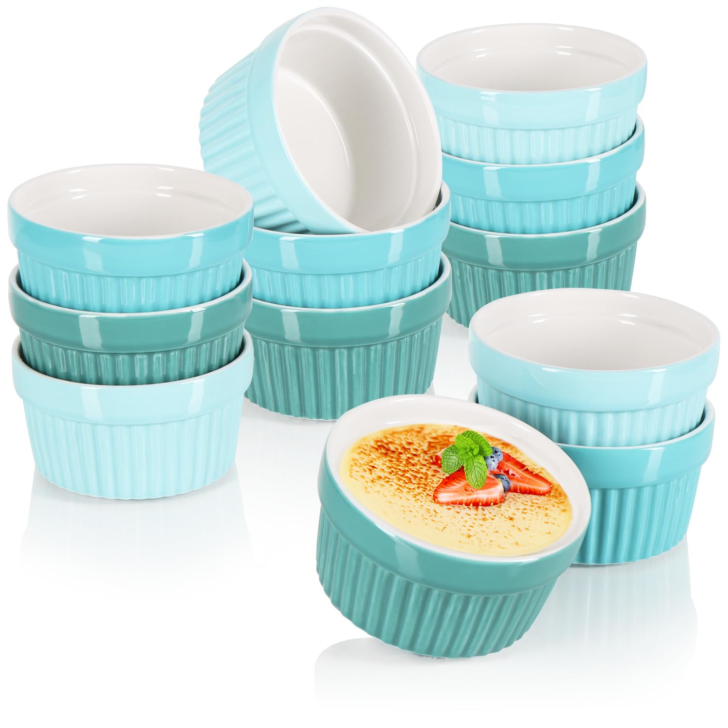 com-four12x Ceramik Ramekins - ovenproof Soufflé Dishes - Creme Brulee Ceramic Bowls - Ramekin Dishes and pate moulds for eg ragout fin - each 200 ml - in different shades of green