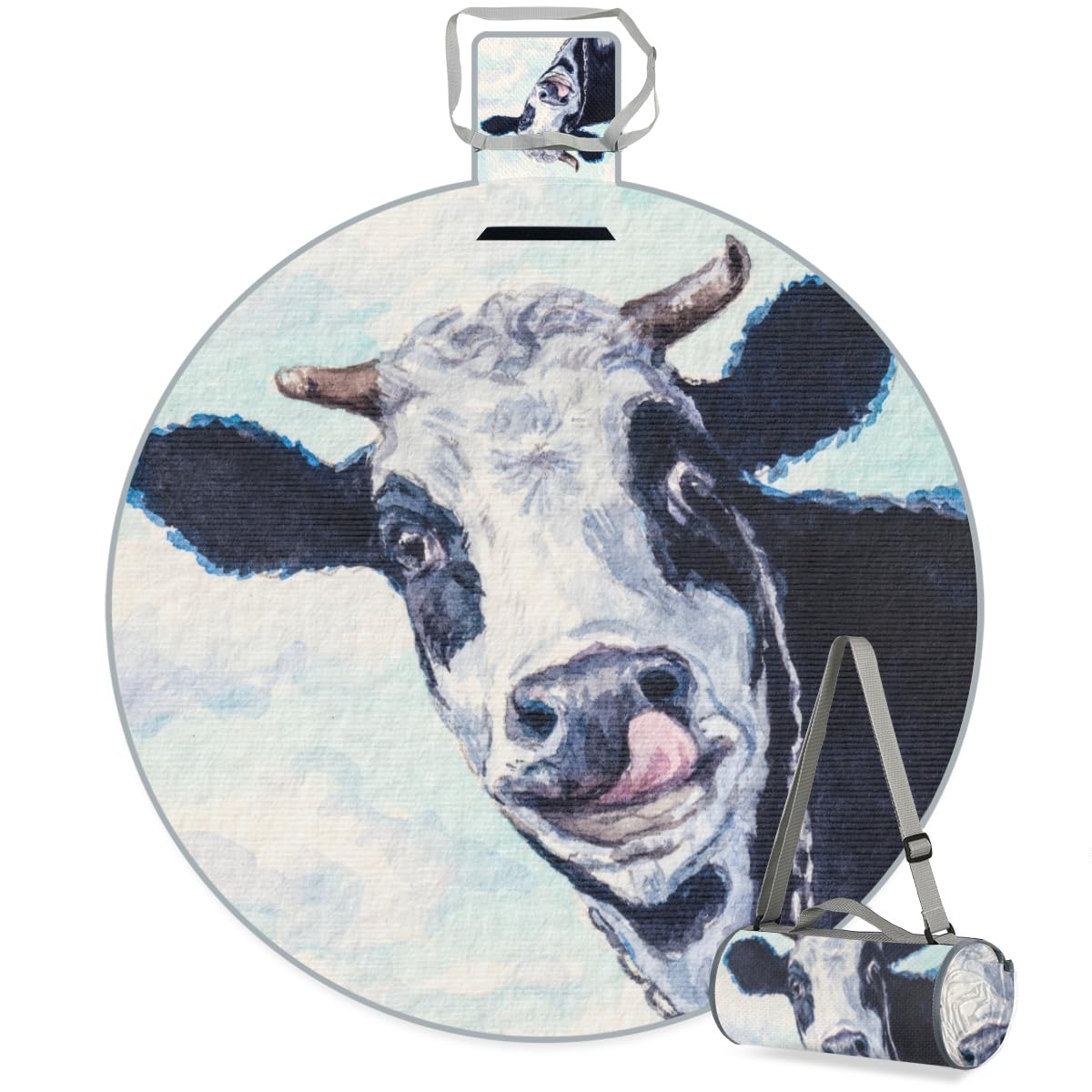 Shimoshe Watercolor Cow Picnic Outdoor Blanket Foldable Waterproof Sandproof Beach Blanket Portable Water-Resistant Round Picnic Mat for Travel Camping Park Lawn