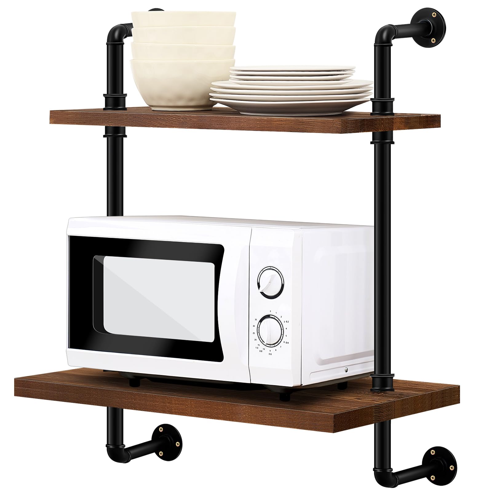 Microwave Oven Rack 2 Tier Wall Mount Microwave Shelf 26x18 Inches Retro Floating Shelf Stand, Black Storage Organizer Holder for Kitchen Oven Toaster Utensils