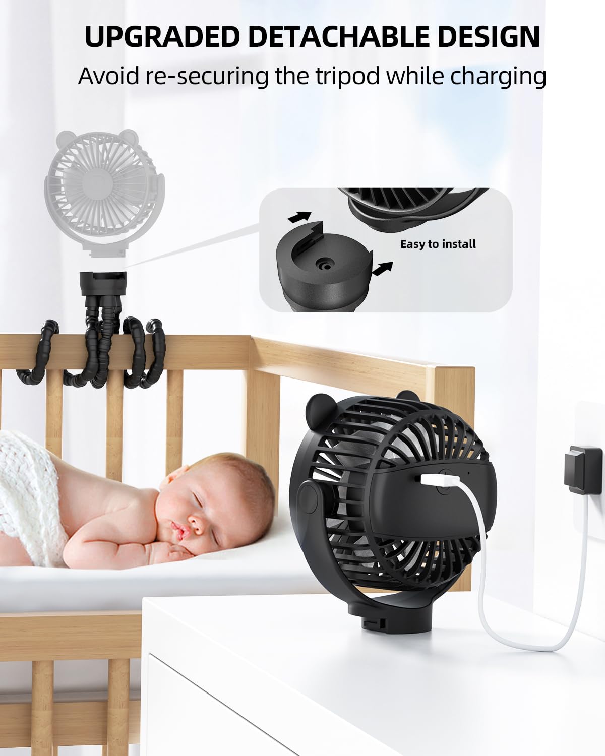 Mini ventilateur portable pour poussette, petit refroidisseur personnel rechargeable avec rotation à 360°, essentiel pour siège auto, berceau, vélo, tapis de course, accessoires de poussette à piles à