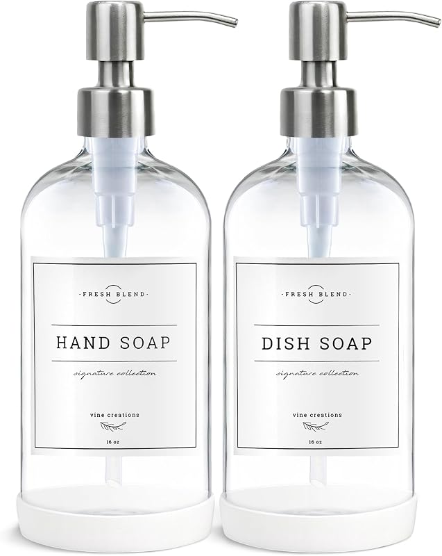 Vine Creations Clear Glass Soap Dispenser, 2 Pack Kitchen Soap Dispenser Set with Stainless Steel Pump, 16 oz Hand Soap or Dish Soap for Bathroom or Kitchen with Waterproof Labels