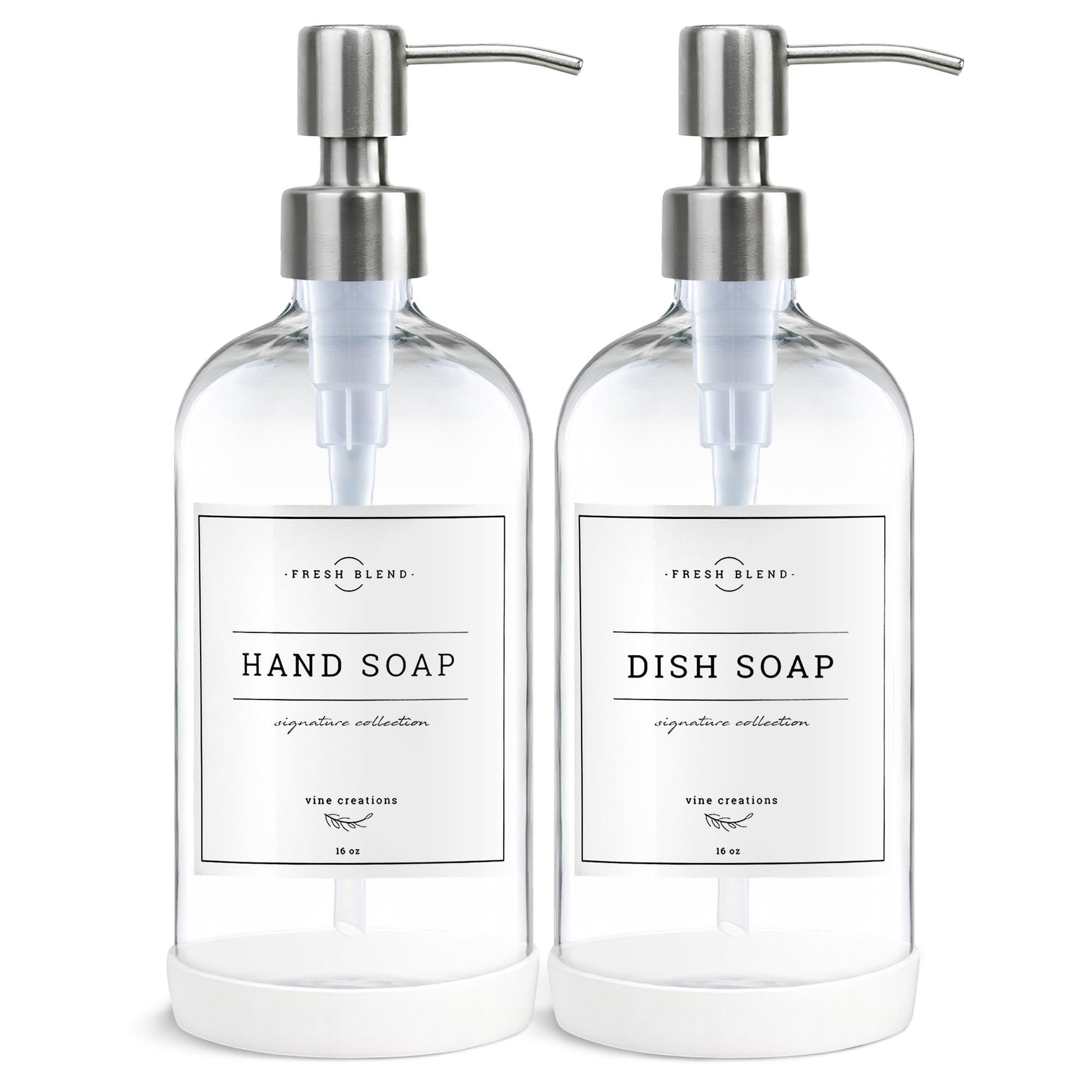 Vine Creations Clear Glass Soap Dispenser, 2 Pack Kitchen Soap Dispenser Set with Stainless Steel Pump, 16 oz Hand Soap or Dish Soap for Bathroom or Kitchen with Waterproof Labels โ image 1