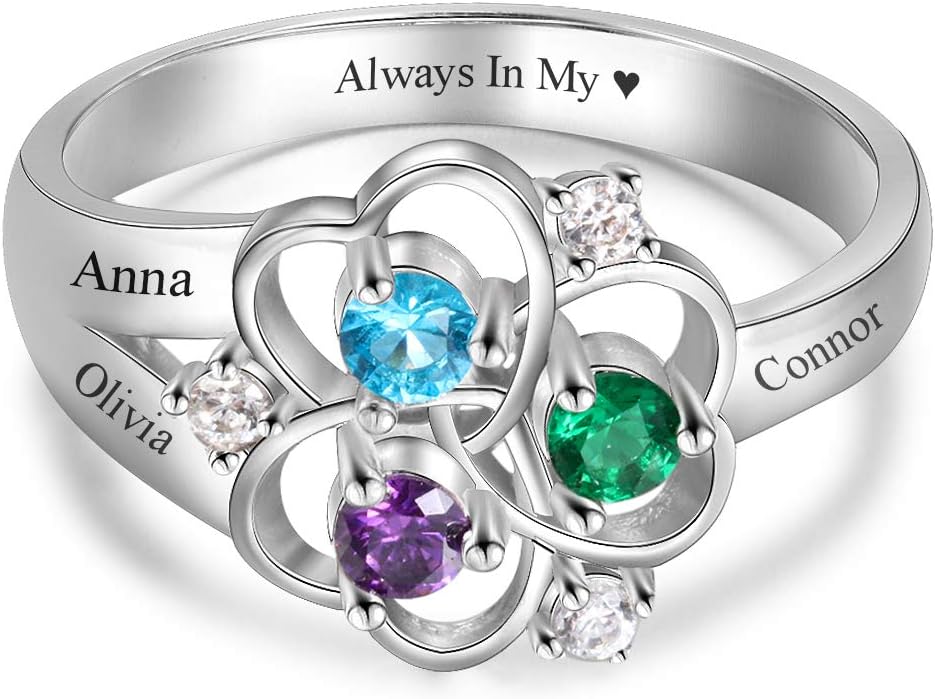 Lovejewelry Personalized 925 Sterling Silver Mothers Rings with 3 Simulated Birthstones 3 Names Custom Flower Promise Ring Engraved Heart Rings for Women