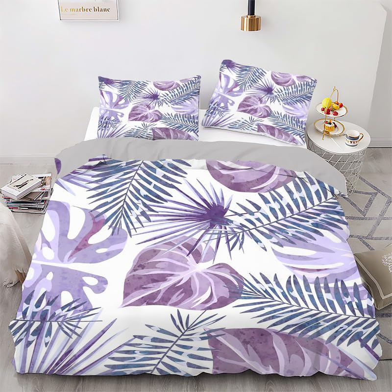 Housse de couette 220x240 feuilles violettes avec 2 taies d'oreiller en microfibre pour lit double