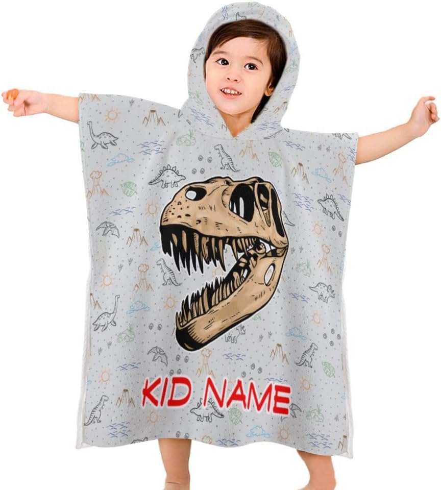 Custom Cute Dinosaur Skull Head Kids Hooded Bath Beach Towel Personalized Name Text Beach Towel with Hood Customized Bath Towel Swim Poncho Cover Up for Girls Boys