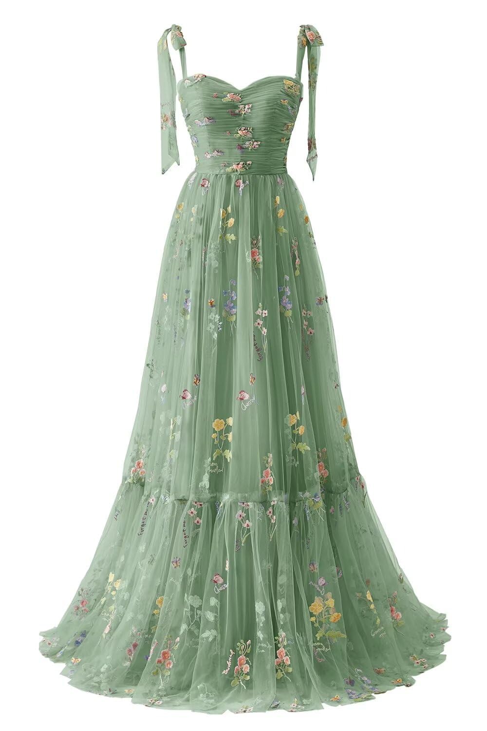Yiann Women's Sage Green Prom Dresses For Tulle Flower Embroidery Formal Evening Gown Long Homecoming Dress Uk22