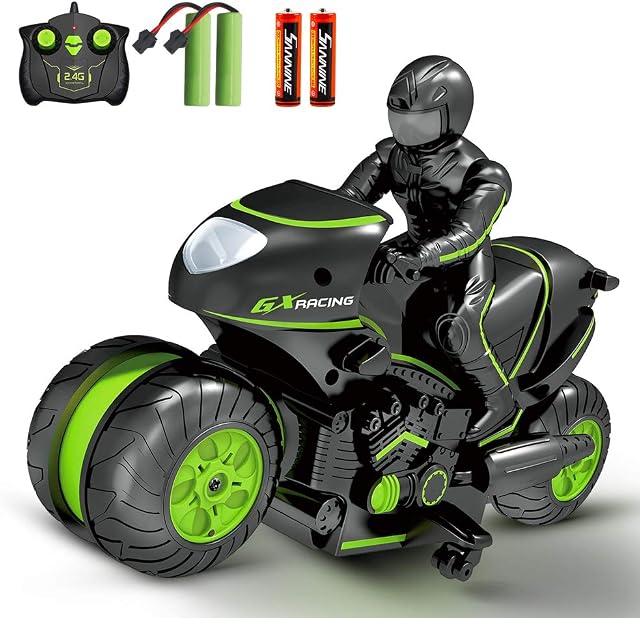 RC Motorcycle, Kids Remote Control Motorcycle Double Sided Flips 360°Rotating Stunt Car for Boys,2.4Ghz High Speed Rock Crawler Vehicle with 4 Batteries,Gift for Kids Age 4,5,6,7,8 and Up Year Old