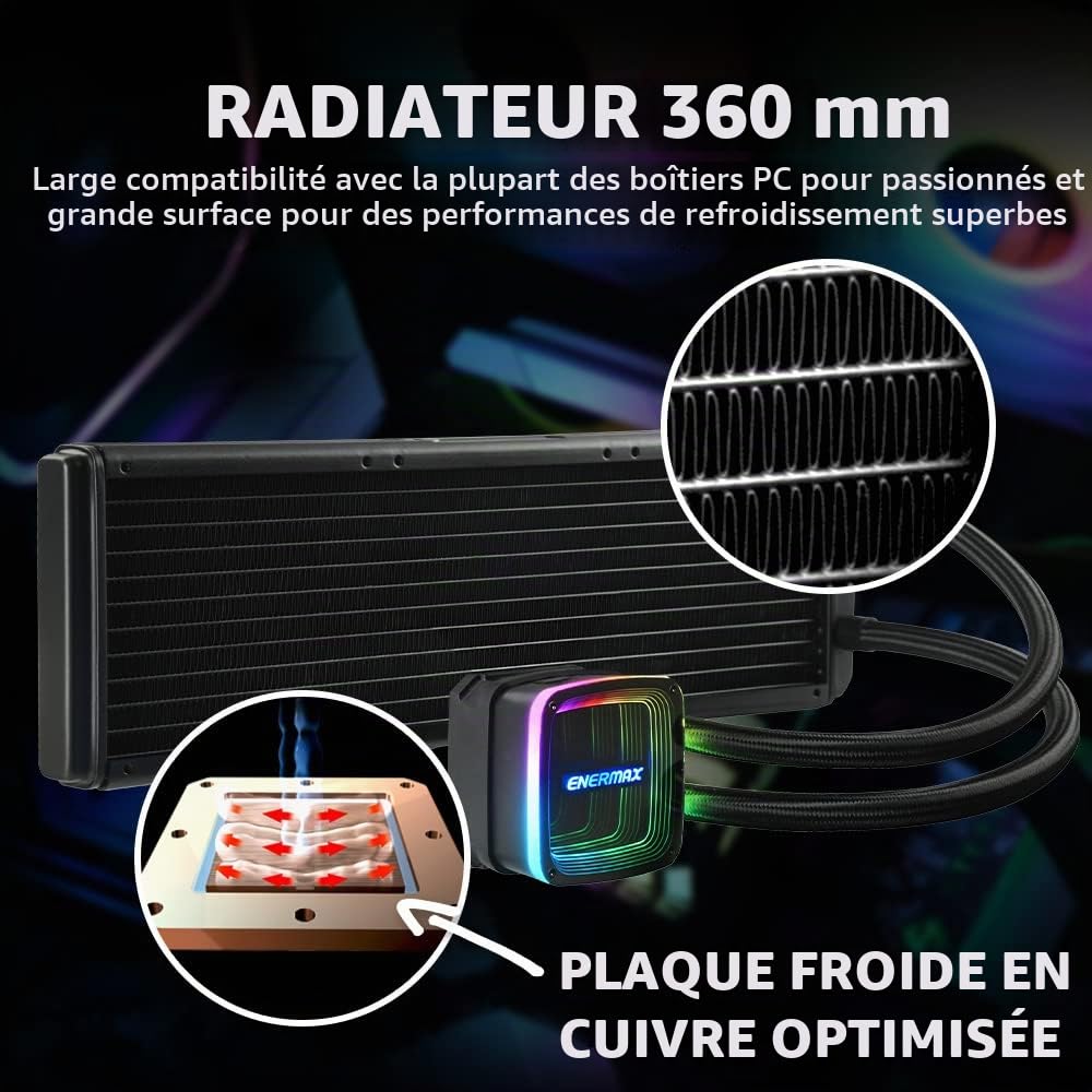 ENERMAX Watercooling AQUAFUSION ADV 360 mm, Refroidisseur liquide de processeur INTEL et AMD Tout-en-Un (AIO), Noir